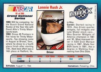 1993 Maxx Premier Series #81 Lonnie Rush Jr. Back
