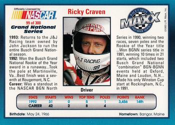 1993 Maxx Premier Series #99 Ricky Craven Back