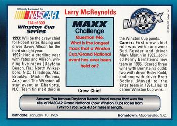 1993 Maxx Premier Series #144 Larry McReynolds Back