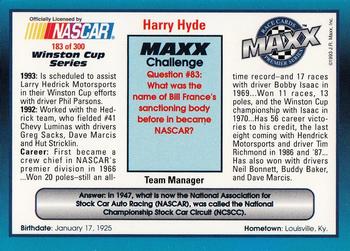 1993 Maxx Premier Series #183 Harry Hyde Back