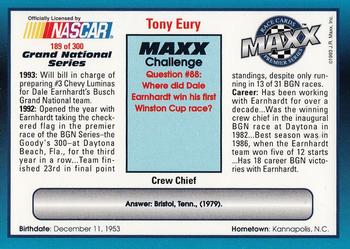 1993 Maxx Premier Series #189 Tony Eury Back