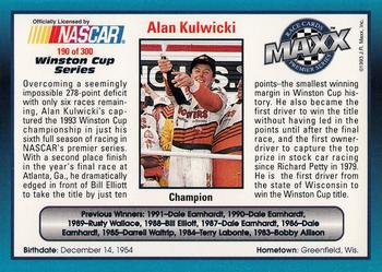 1993 Maxx Premier Series #190 Alan Kulwicki Back