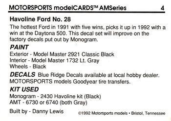 1992 Motorsports Modelcards AM Series #4 Davey Allison's Car Back