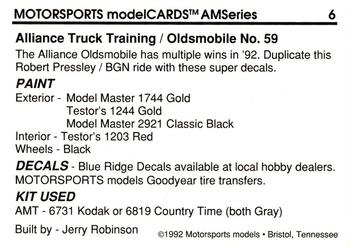 1992 Motorsports Modelcards AM Series #6 Robert Pressley's Car Back