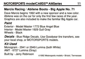 1992 Motorsports Modelcards AM Series #11 Dave Marcis' Car Back