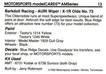 1992 Motorsports Modelcards AM Series #13 Phil Barkdoll's Car Back