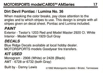 1992 Motorsports Modelcards AM Series #17 Kenny Wallace's Car Back