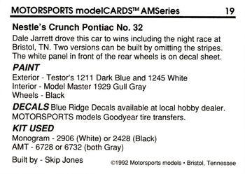 1992 Motorsports Modelcards AM Series #19 Dale Jarrett's Car Back