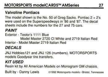 1992 Motorsports Modelcards AM Series #27 Greg Sacks' Car Back