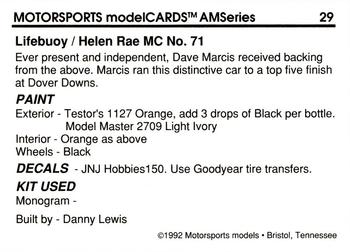 1992 Motorsports Modelcards AM Series #29 Dave Marcis' Car Back