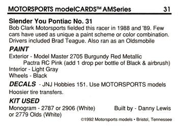 1992 Motorsports Modelcards AM Series #31 Brad Teague's Car Back