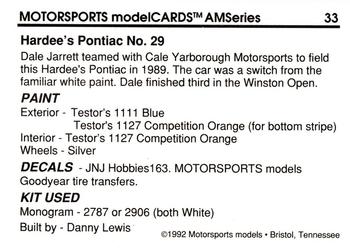 1992 Motorsports Modelcards AM Series #33 Dale Jarrett's Car Back