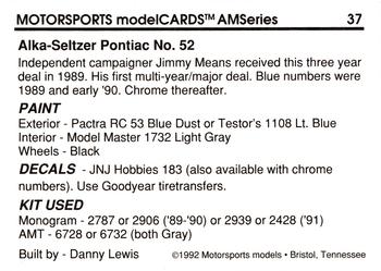 1992 Motorsports Modelcards AM Series #37 Jimmy Means' Car Back