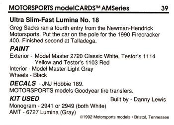 1992 Motorsports Modelcards AM Series #39 Greg Sacks' Car Back