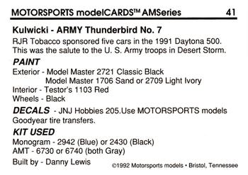1992 Motorsports Modelcards AM Series #41 Alan Kulwicki's Car Back