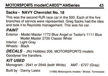 1992 Motorsports Modelcards AM Series #43 Greg Sacks' Car Back