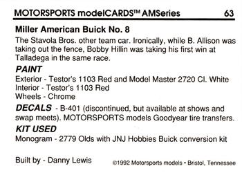 1992 Motorsports Modelcards AM Series #63 Bobby Hillin Jr.'s Car Back