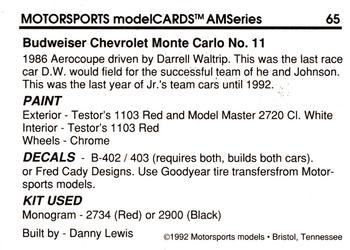 1992 Motorsports Modelcards AM Series #65 Darrell Waltrip's Car Back
