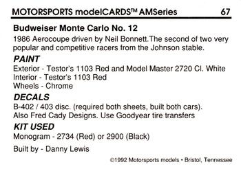 1992 Motorsports Modelcards AM Series #67 Neil Bonnett's Car Back