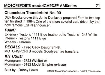 1992 Motorsports Modelcards AM Series #71 Dick Brooks' Car Back