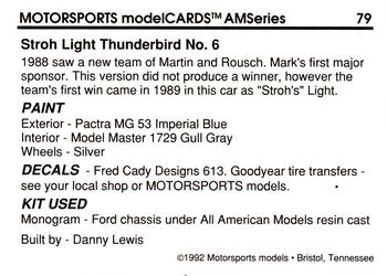1992 Motorsports Modelcards AM Series #79 Mark Martin's Car Back