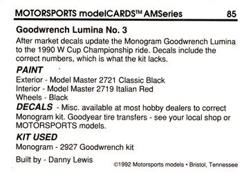 1992 Motorsports Modelcards AM Series #85 Dale Earnhardt's Car Back