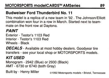 1992 Motorsports Modelcards AM Series #89 Bill Elliott's Car Back