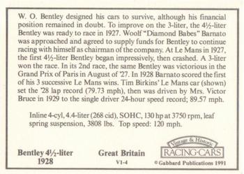 1991 Gabbard Vintage & Historic Racing Cars V-1 Series #V1-4 Bentley 4 1/2-Liter 1928 Back