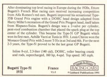 1991 Gabbard Vintage & Historic Racing Cars V-1 Series #V1-5 Bugatti Type-51 1931 Back