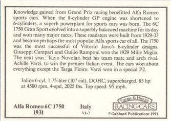 1991 Gabbard Vintage & Historic Racing Cars V-1 Series #V1-7 Alfa Romeo 6C 1750 1931 Back