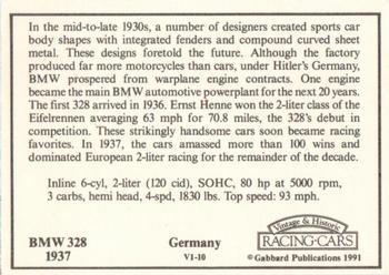 1991 Gabbard Vintage & Historic Racing Cars V-1 Series #V1-10 BMW 328 1937 Back