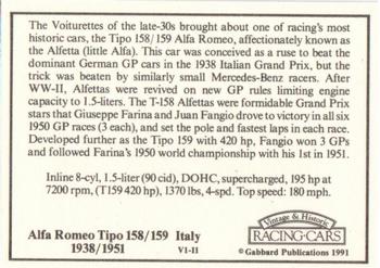 1991 Gabbard Vintage & Historic Racing Cars V-1 Series #V1-11 Alfa Romeo Tipo 158/159 1938/1951 Back