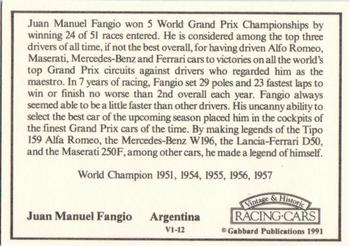 1991 Gabbard Vintage & Historic Racing Cars V-1 Series #V1-12 Juan Manuel Fangio Back