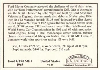 1991 Gabbard Vintage & Historic Racing Cars V-1 Series #V1-45 Ford GT40 MkI 1965 Back