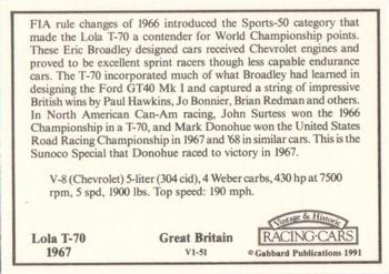 1991 Gabbard Vintage & Historic Racing Cars V-1 Series #V1-51 Lola T-70 1967 Back