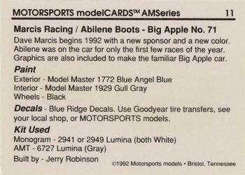 1992 Motorsports Modelcards AM Series - Premiere #11 Dave Marcis' Car Back
