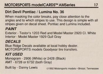 1992 Motorsports Modelcards AM Series - Premiere #17 Kenny Wallace's Car Back