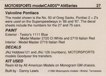 1992 Motorsports Modelcards AM Series - Premiere #27 Greg Sacks' Car Back