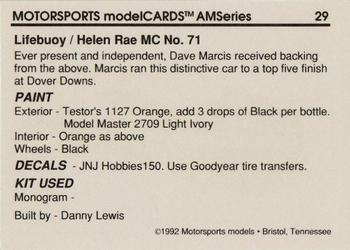 1992 Motorsports Modelcards AM Series - Premiere #29 Dave Marcis' Car Back