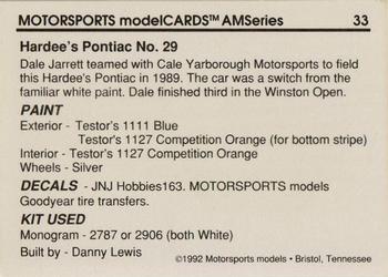 1992 Motorsports Modelcards AM Series - Premiere #33 Dale Jarrett's Car Back