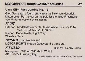 1992 Motorsports Modelcards AM Series - Premiere #39 Greg Sacks' Car Back