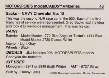 1992 Motorsports Modelcards AM Series - Premiere #43 Greg Sacks' Car Back