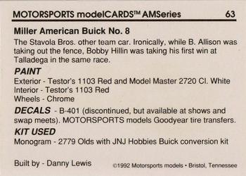 1992 Motorsports Modelcards AM Series - Premiere #63 Bobby Hillin Jr.'s Car Back