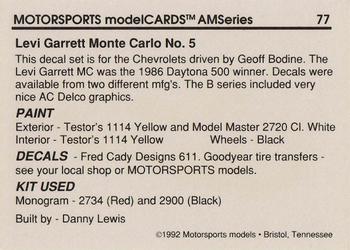 1992 Motorsports Modelcards AM Series - Premiere #77 Geoff Bodine's Car Back