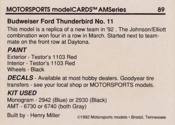 1992 Motorsports Modelcards AM Series - Premiere #89 Bill Elliott's Car Back