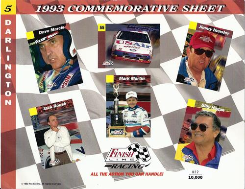 1993 Finish Line - Commemorative Sheets #5 Dave Marcis / Ted Musgrave's Car / Jimmy Hensley / Jack Roush / Mark Martin / Billy Hagan Front