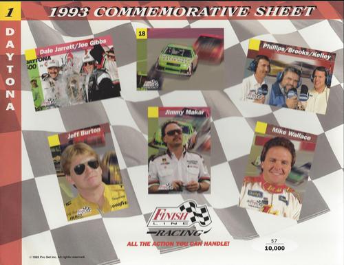 1993 Finish Line - Commemorative Sheets #1 Dale Jarrett / Joe Gibbs / Dale Jarrett's Car / Jim Philips, Dick Brooks, Winston Kelley / Jeff Burton / Jimmy Makar / Mike Wallace Front