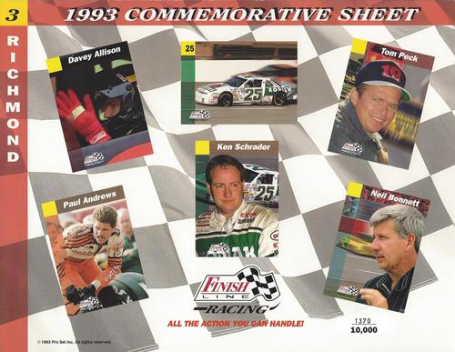 1993 Finish Line - Commemorative Sheets #3 Davey Allison / Ken Schrader's Car / Tom Peck / Paul Andrews / Ken Schrader / Neil Bonnett Front