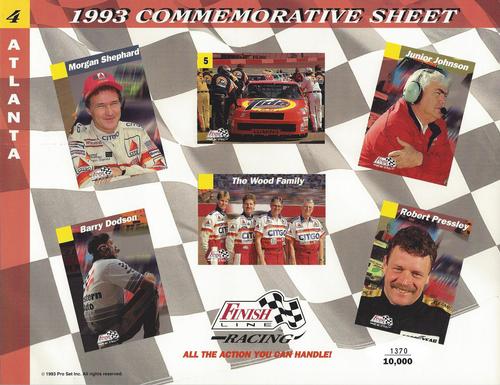 1993 Finish Line - Commemorative Sheets #4 Morgan Shephard / Ricky Rudd's Car / Junior Johnson / Barry Dodson / The Wood Family / Robert Pressley Front