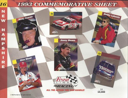 1993 Finish Line - Commemorative Sheets #16 Ricky Craven / Morgan Shepherd's Car / Bobby Labonte / Glen Wood / Jimmy Means / Bobby Labonte's Car Front